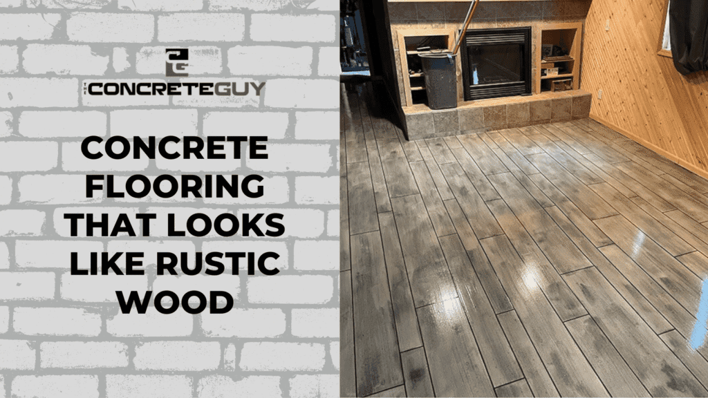 Concrete flooring with a rustic wood appearance in a cozy interior, showcasing a modern fireplace and wood paneling, ideal for a Minnesota concrete contractor website.