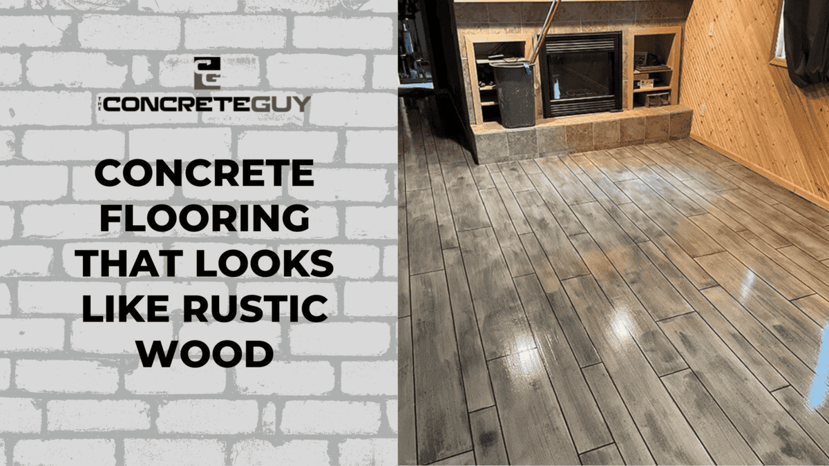 Concrete flooring with a rustic wood appearance in a cozy interior, showcasing a modern fireplace and wood paneling, ideal for a Minnesota concrete contractor website.